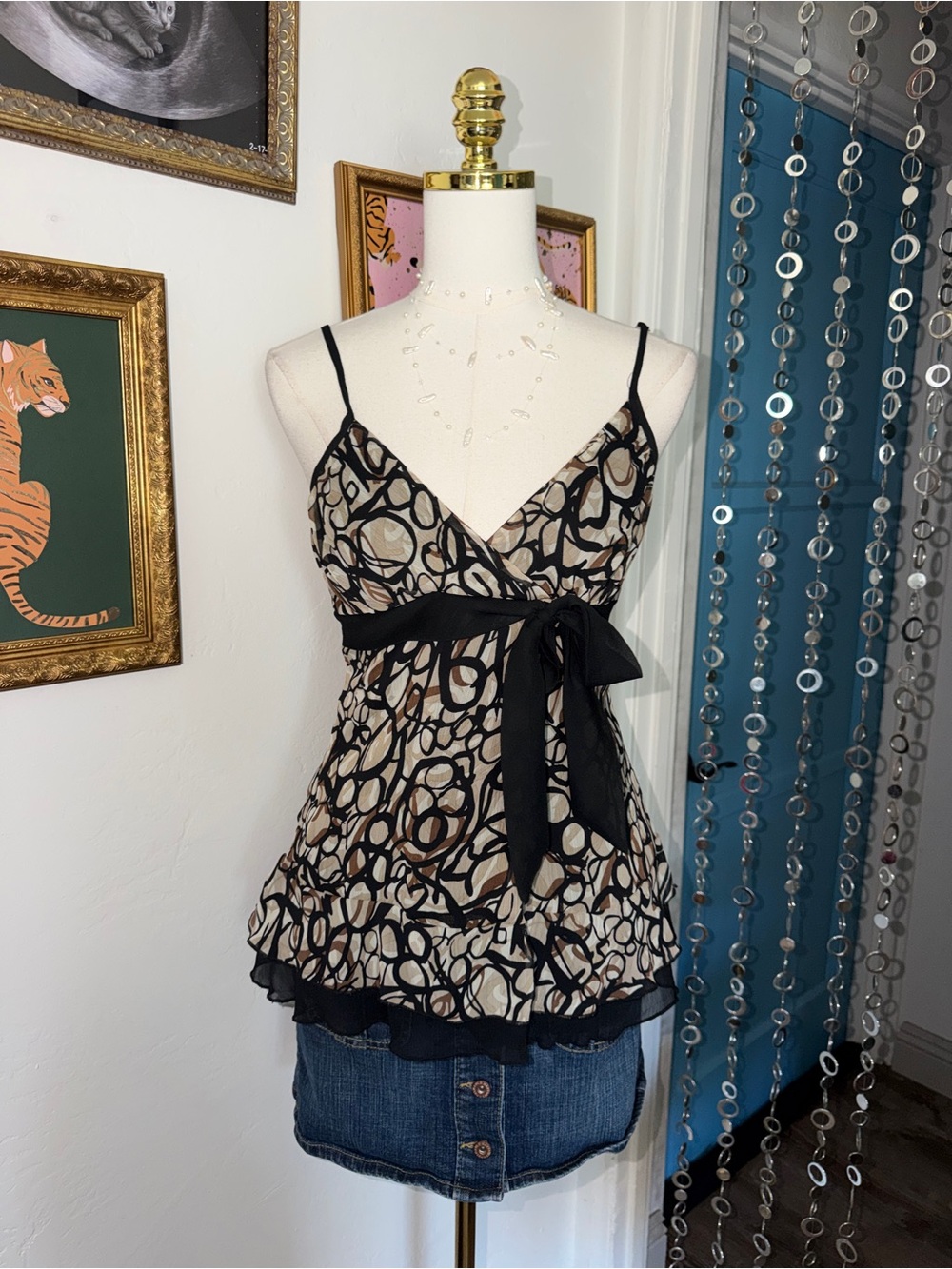 Vintage Y2K Women’s Black & Beige Printed Wrap Tank Top